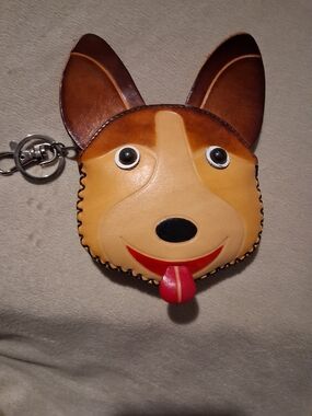 GENUINE LEATHER Dog Face Keychain Wallet in Brown & Red